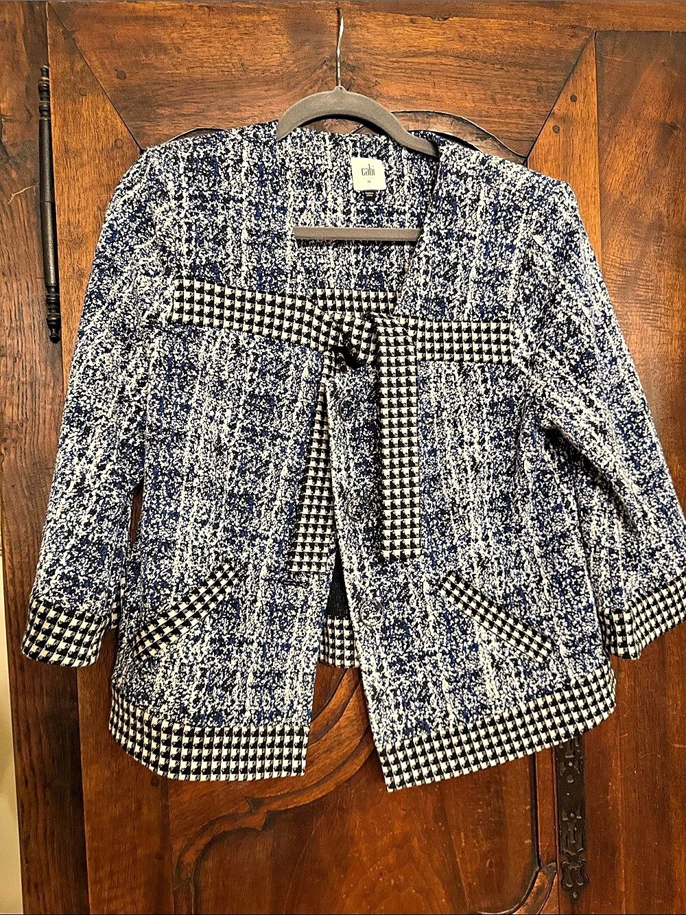cabi Checkered Trim Jacket Blue & Cream Medium Like New